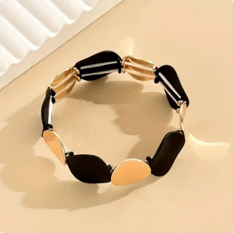 Fashionable Black Gold Contrast Color round Metal Spliced Elastic Line Bracelet European Style Hand Chain Hand Bracelet