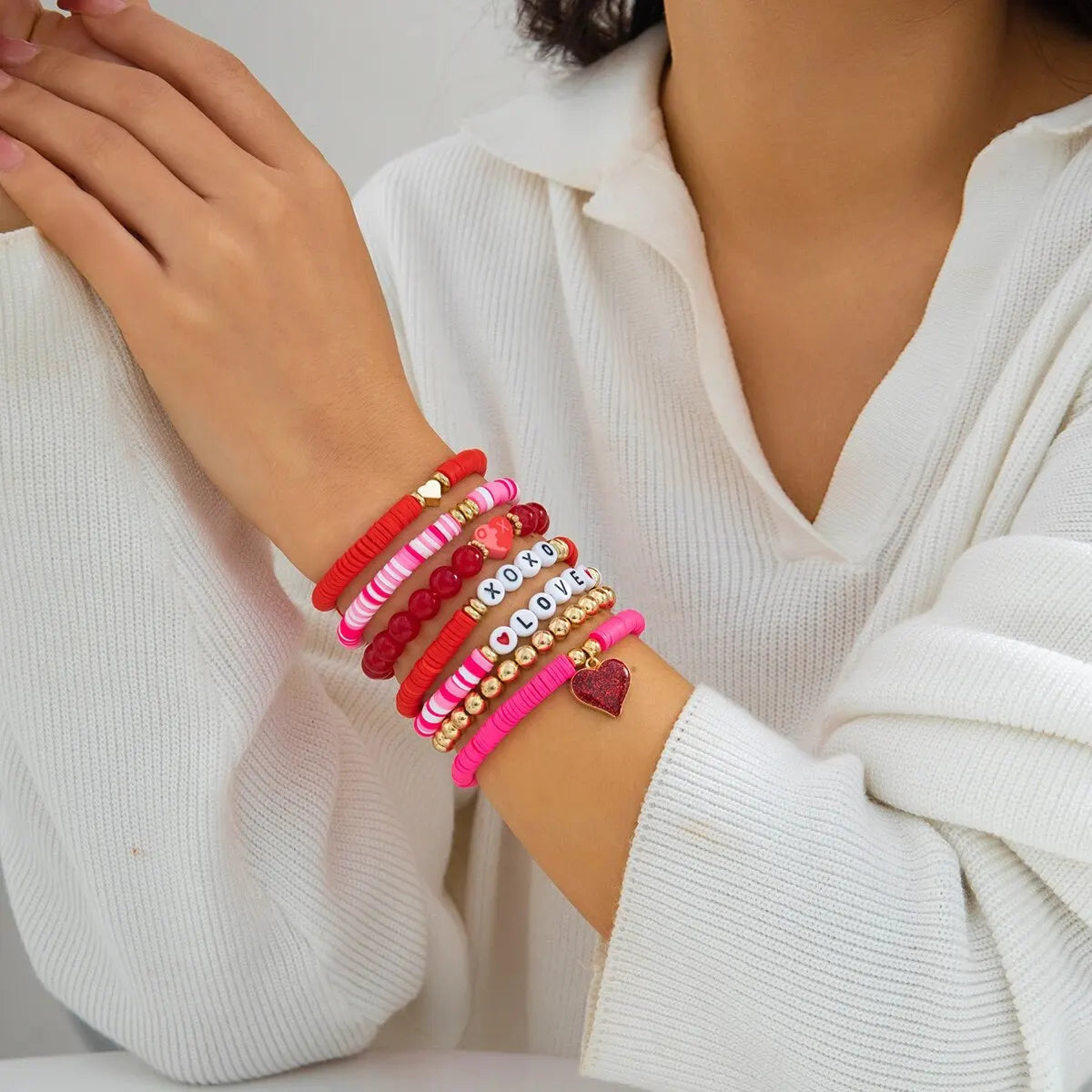 7Pcs/Set Romantic Love Heart Pendant Bracelets for Women Cute Trendy Pink Beaded Couples Bangles Valentine's Day Jewelry Gifts
