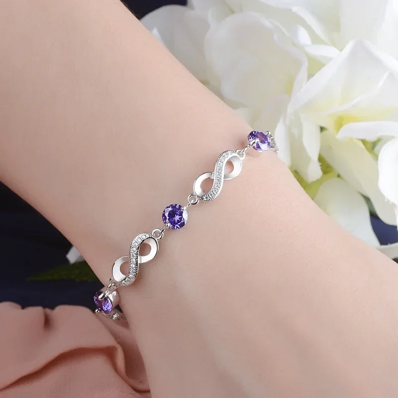Fashion Clear Purple Zircon Charms 925 Sterling Silver Bracelet for Women Eternity Infinite Love Bracelet Jewelry Gift