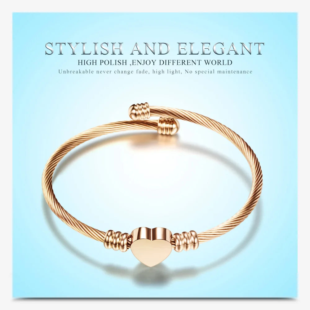 Hemasa  Stainless Steel Cable Heart Bracelet Bangle For Women