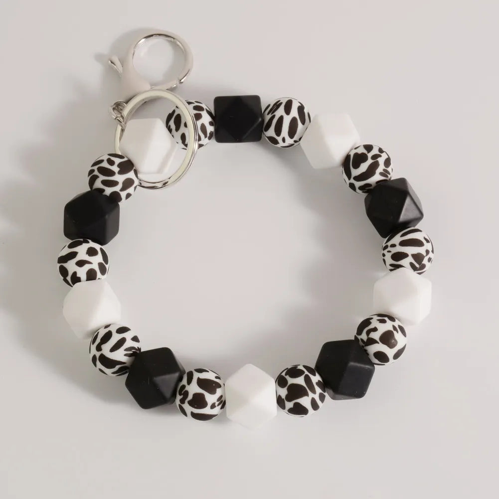 Heamsa  Bangle Mint White Cows Print Silicone Beads Cow Print MAMA Keychain Wristlet Fashion Bag Pendants Gifts for Women