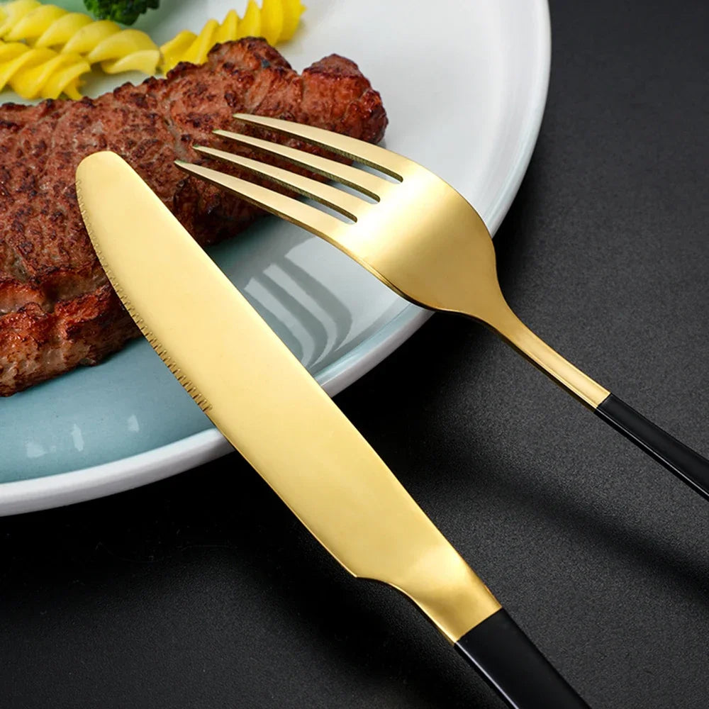 Hemasa 24Pcs Green Gold Tableware Set /Stainless Steel Cutlery  set  Knife Fork Spoon Restaurant Wedding Flatware Set