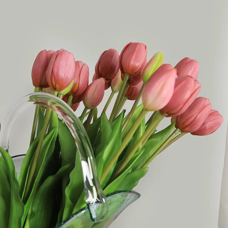 Tejesa 15pcs Real Touch Artificial Tulip Flowers Pink White Latex Tulip Bouquets for Office Wedding Party Home Room Decoration