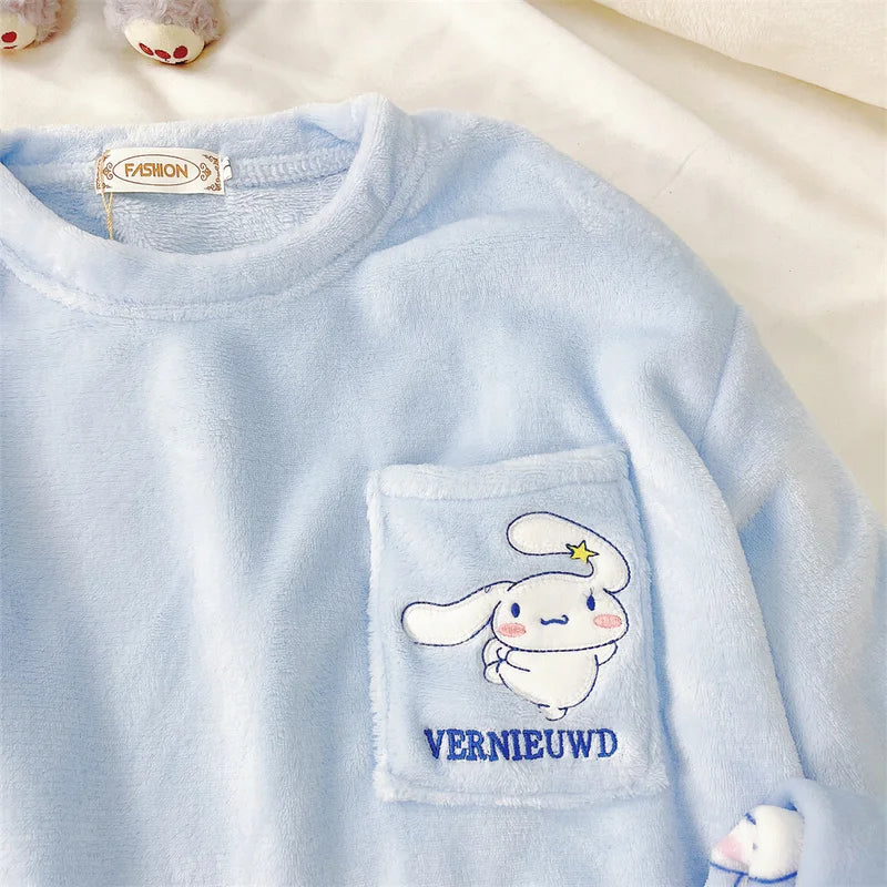 Hemasa  Cinnamoroll Pajamas Kuromi My Melody Flannel Pullover Coral Velvet Winter Warm Pajamas Homewear Girl Gifts