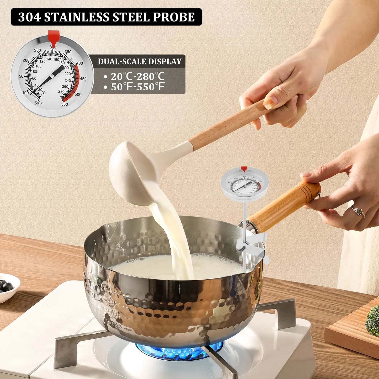 Tejesa 4/2Pcs Kitchen Thermometer with Pot Clip 12 In Stainless Steel Long Stem Deep Fry Thermometer Candy BBQ Turkey Meat Thermometer