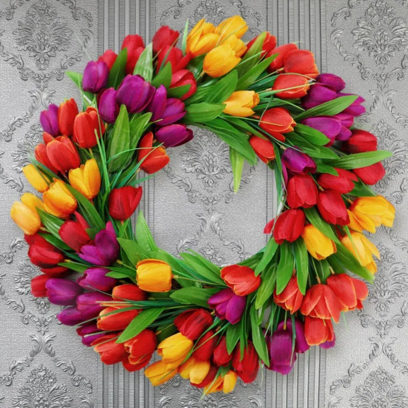 Artificitial Tulip Wreath Front Door Hanging Decoration 40cm Floral Garland Wall Pendant for Home Decor Wedding
