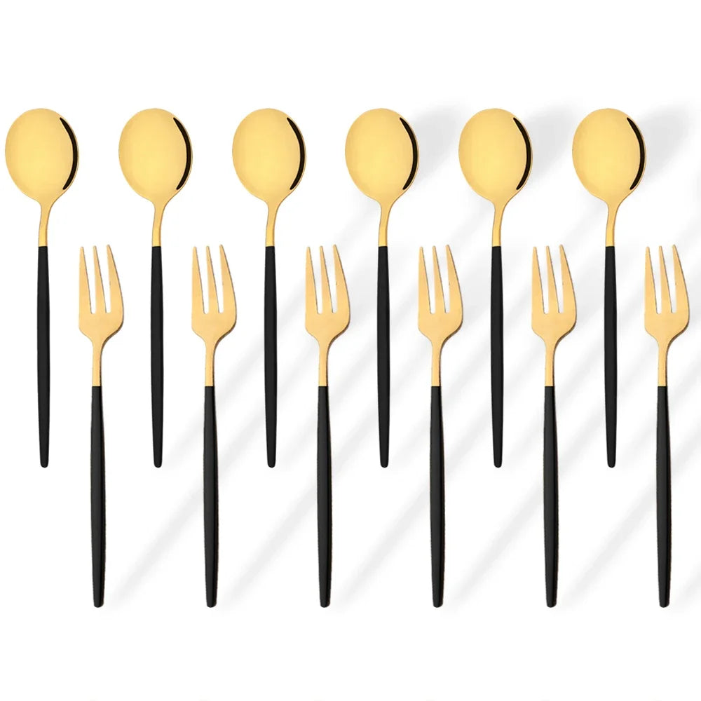 Hemasa 12Pcs Stainless Steel  Gold Fork Spoon Set/ Cake Fork Snack Salad Coffee Fruit Fork Spoon Cutlery Kitchen Dinnerware Set