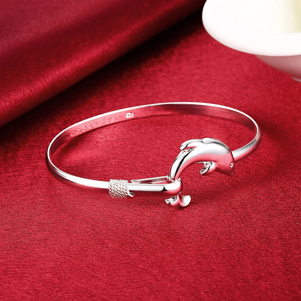 Heamsa  925 Sterling Silver Bracelets for Women  /Cute  dolphin bangle adjustable Bangle For Girls