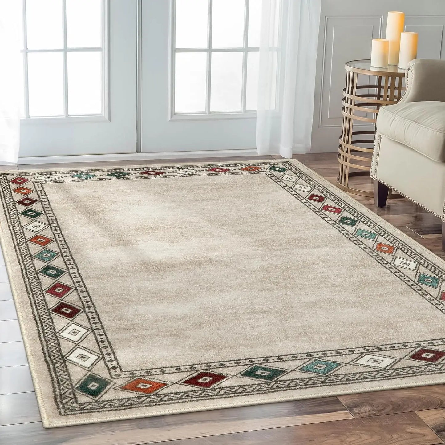 Modern Beige Bordered Washable Area Rugs Non Slip Living Room Carpet Sofa Table Large Area Rugs Bedroom Bedside Floor Mat Decor
