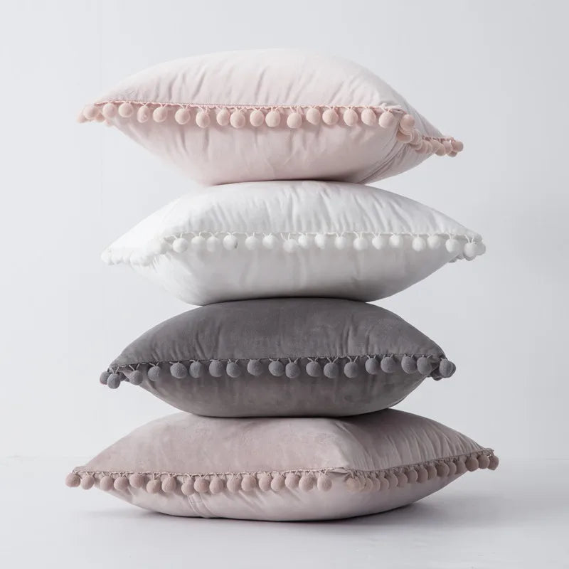 2PCS Simple Decorative Pillowcase Decorative Cushion Pillow Cover Pompoms Solid Cushion For Couch Sofa Bedroom Living Room