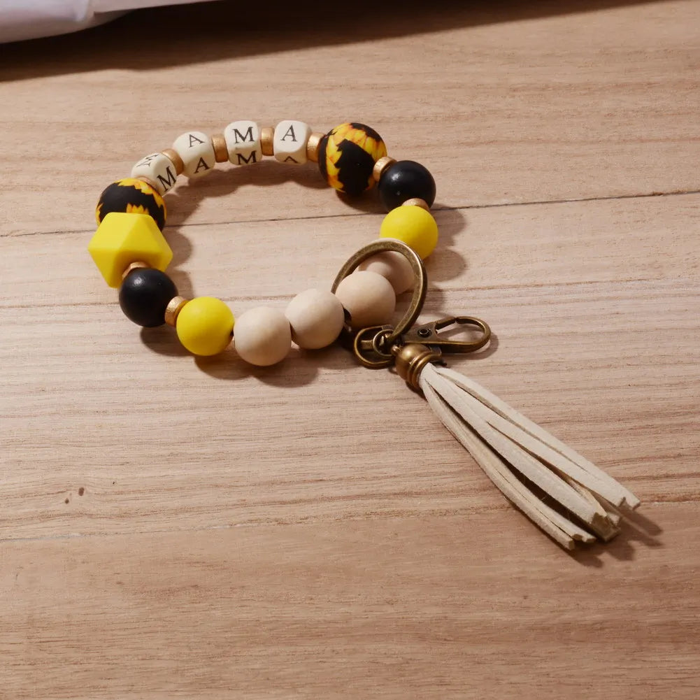 2022 New Boho Leopard Sunflower Silicone Bead NANA Wristband MAMA Key Chain Pendant Custom Name Charm Mother's Day Jewelry Gift