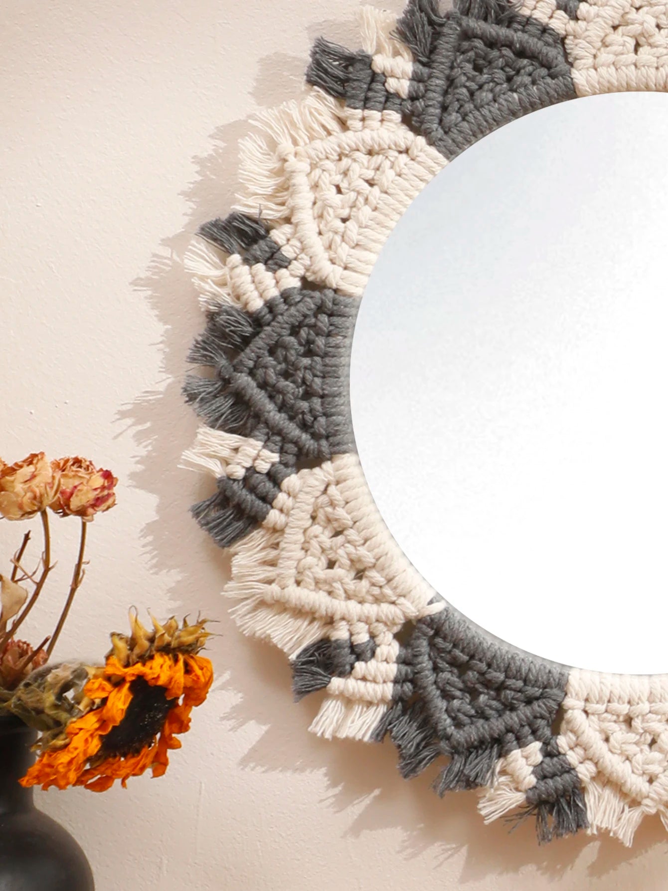 Hemasa Macrame Mirror Black Gray Decorative Mirrors Boho Home Decoration Handmade Wall Decor Bedroom Living Room Decors Aesthetic Gift