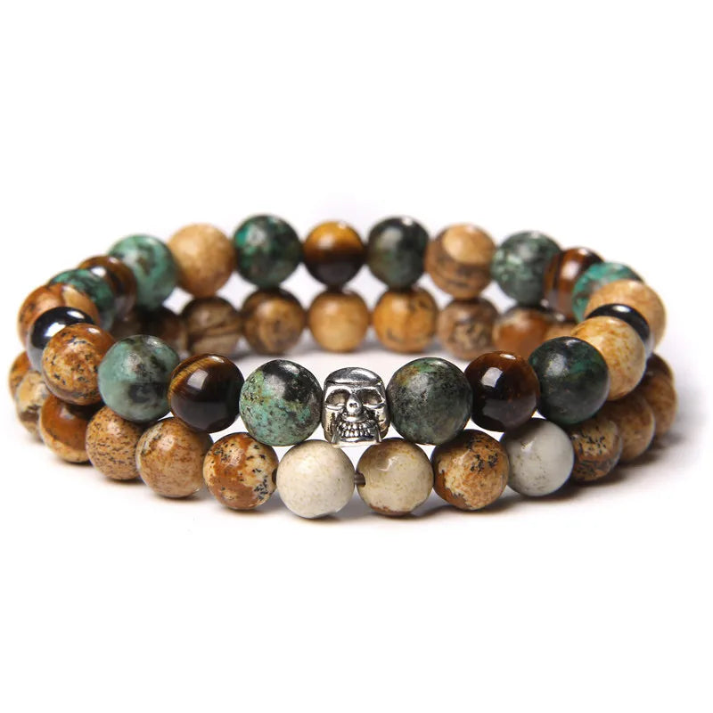 2pcs/set Beaded Bracelet Natural Stone Tiger Eye Hematite Beads Bracelet Men Energy Elastic Rope Bracelet Jewelry Couples Gifts