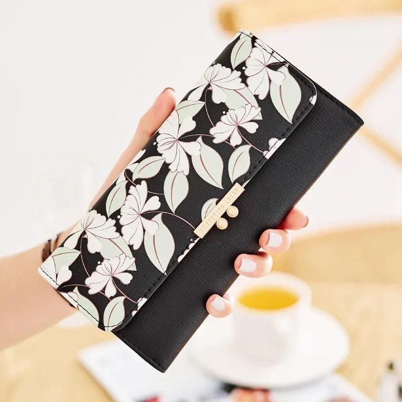 Tejesa Women's Cute Purse Long Printing Flower Wallet Phone Female Three Fold Clutch Large Capacity Wallet