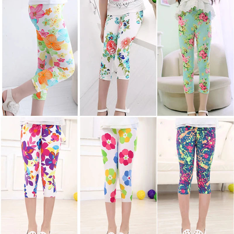 Hemasa 3-10years Girls Cropped Trousers Floral Print Flower Kids Calf Length Skinny Pants Stretch Leggings Children All-matches Bottoms