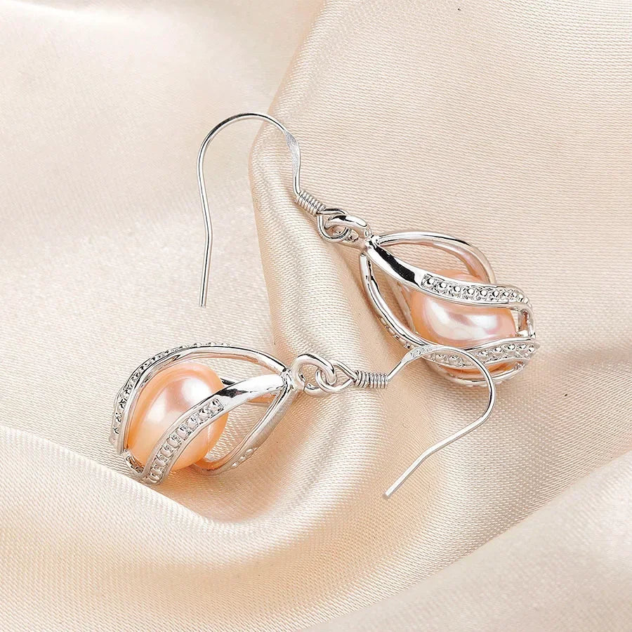 YWYC 7-8mm Natural Freshwater Pearl Drop Earrings Rice Shape Pearl In Cage 925 Silver Earrings for Women Jewelry Gift