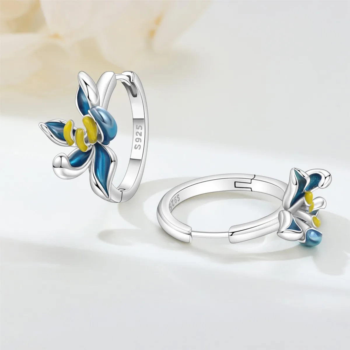 Orstarry S925 Sterling Silver Earrings Exquisite Blue Horseshoe Lotus Orchid Iris Flower Earrings For Women Birthday Gift