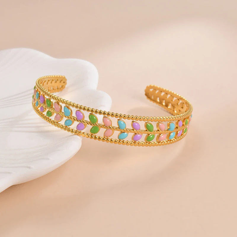 Stainless Steel Leaf Drip Oil Cuff Bangles For Women Girl Wrist Jewelry Gold Color Squares Adjustable Bangles Mom Gifts
