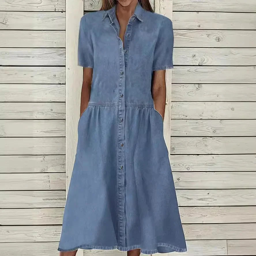 Hemasa Casual Jeans Shirt  Denim Dress for Women /Loose Short Sleeve Cardigan Ladies Womens Denim Shirt Long Dresses