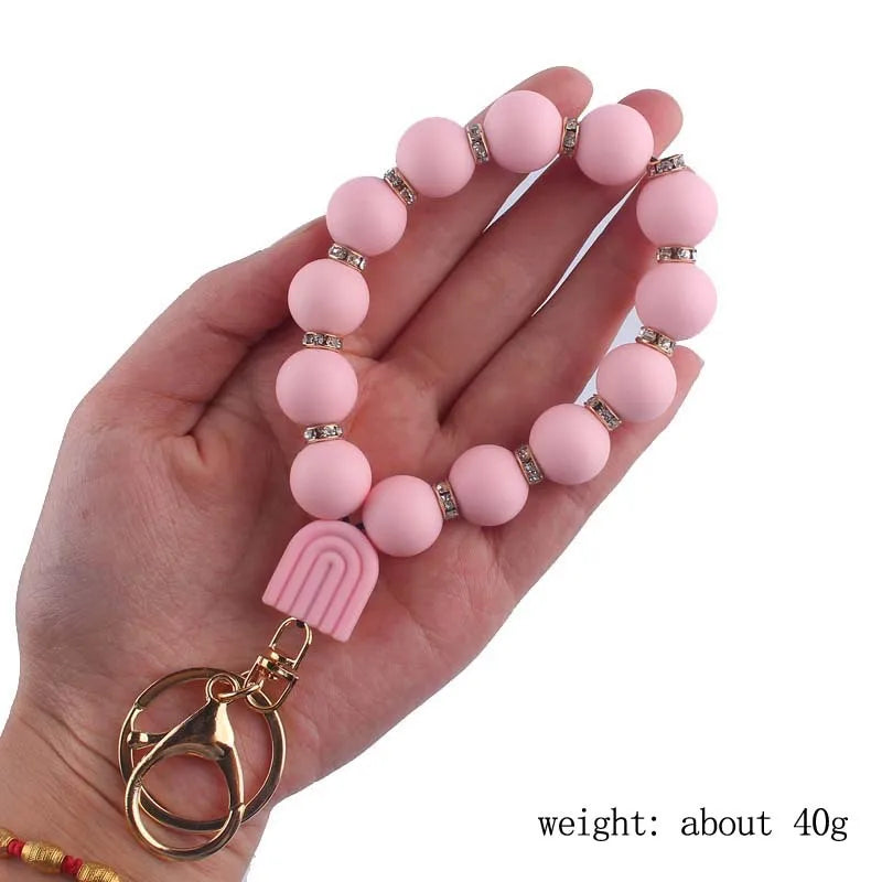 Hemasa Rainbow Bracelet Pendant Keychain Food Grade Silicone Bead Keyring/ Lobster Clasp Women Schoolbag/ Car Key Chain Jewelry
