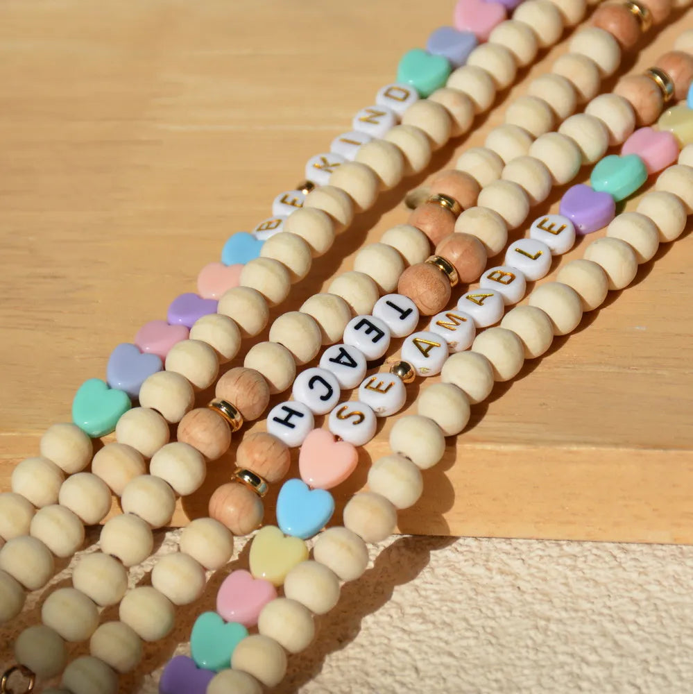Boho Teacher Lanyard Rainbow Wooden Acrylic Heart Letter Beaded Breakaway lanyard Back to School gift ID holder Badge Necklace