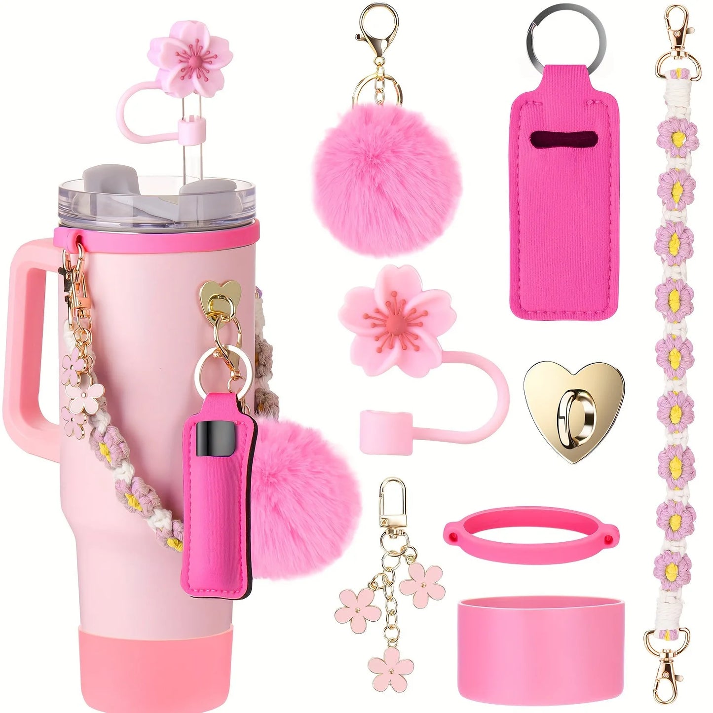 Hemasa 8PCS Cup Accessories, Set includes Water Bottle Handle Strap, Siliocne Boots, Lipstick Sleeve Pouch Straw Cap Cover for Stanley