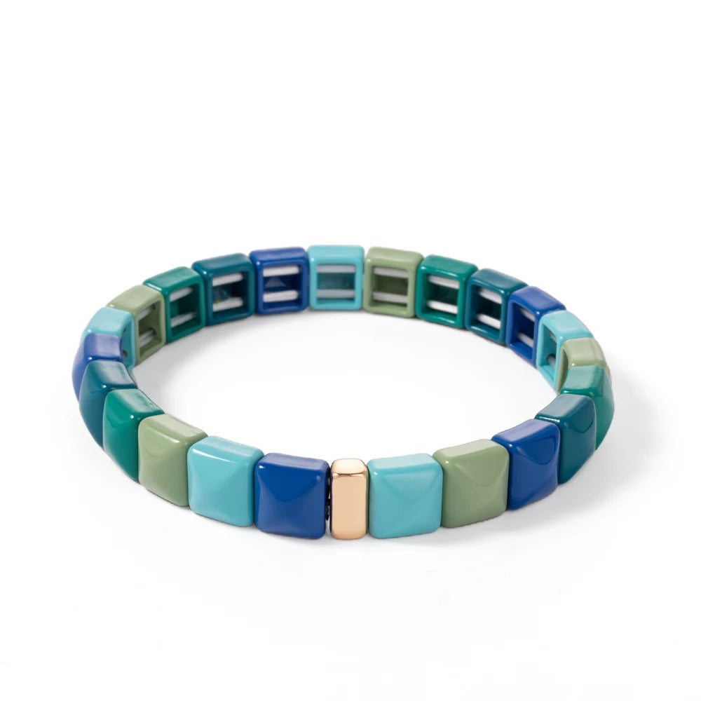 Tejesa Colorful Enamel Square Shape Rhombus Faced Bohemain Geometric Elastic Bracelets For Women
