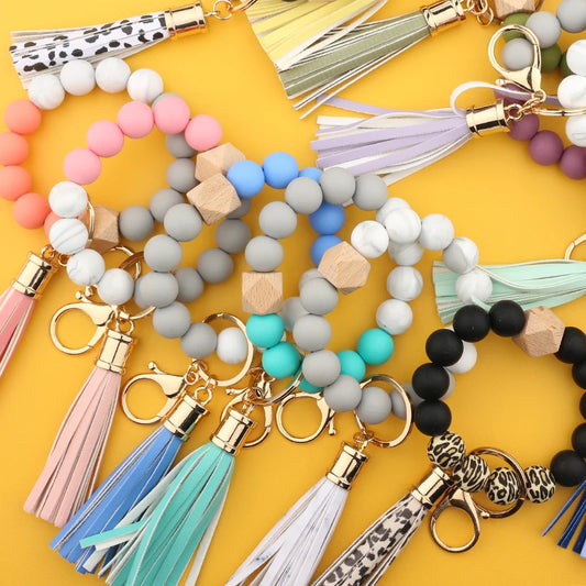 Silicone Beads Elastic Bangle Bracelet Keychain Women's bracelet gift Leather Tassel Silicone Beads Bracelet Wristlet Keychain