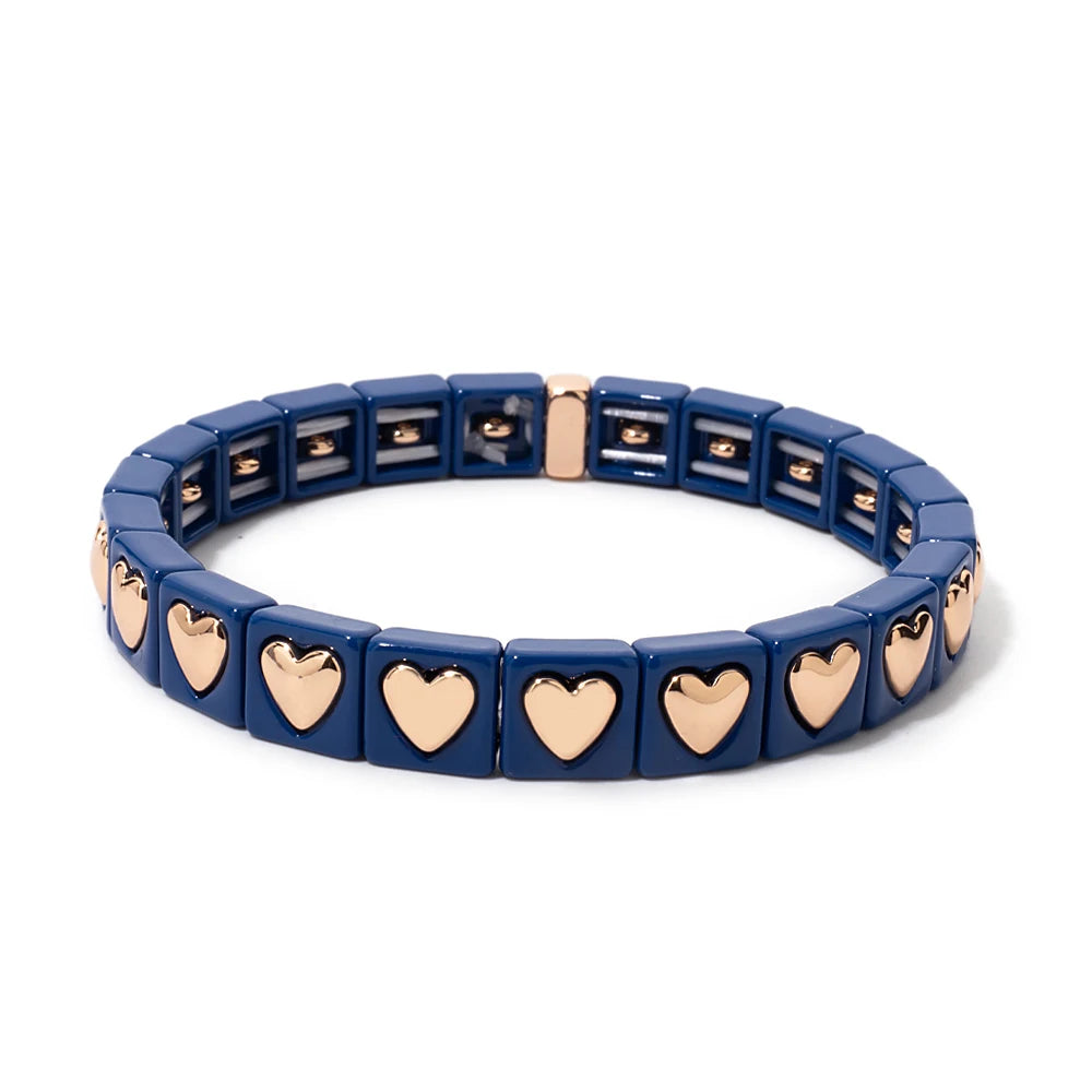 8mm Square Shape Love Bangle For Women Rainbow Color Peach Boho Enamel Elastic Beads Bracelets