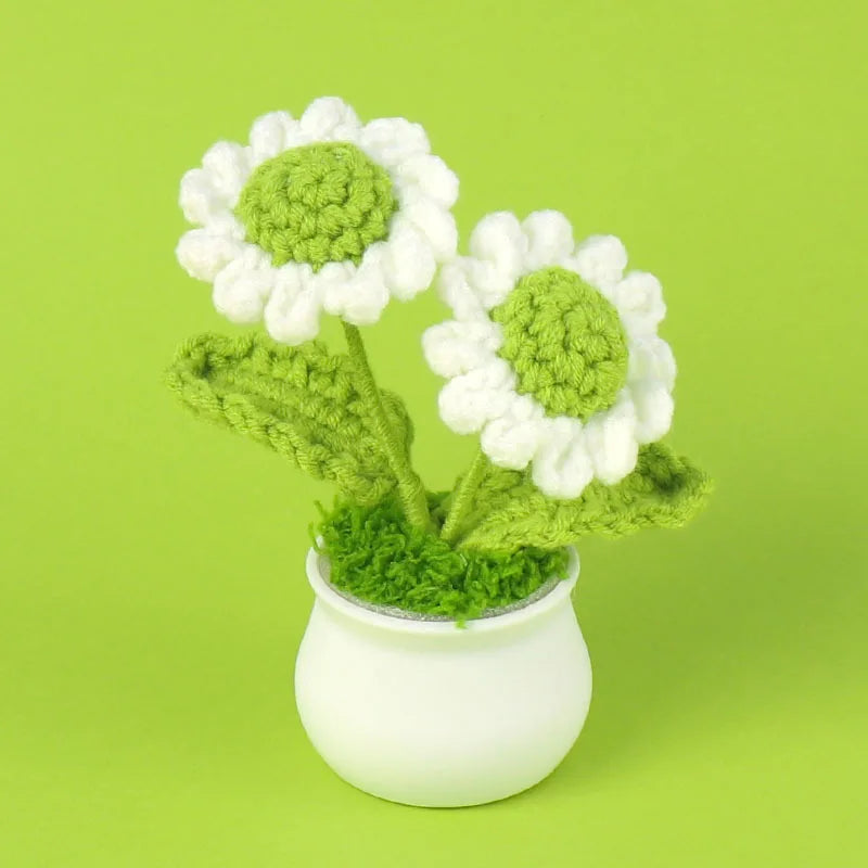 Hemasa Cute Daisy Crochet Flowers Potted Woven Flower Creative Artificial Flowers Car Office Table Decor Handwoven Plant Flor Tejida