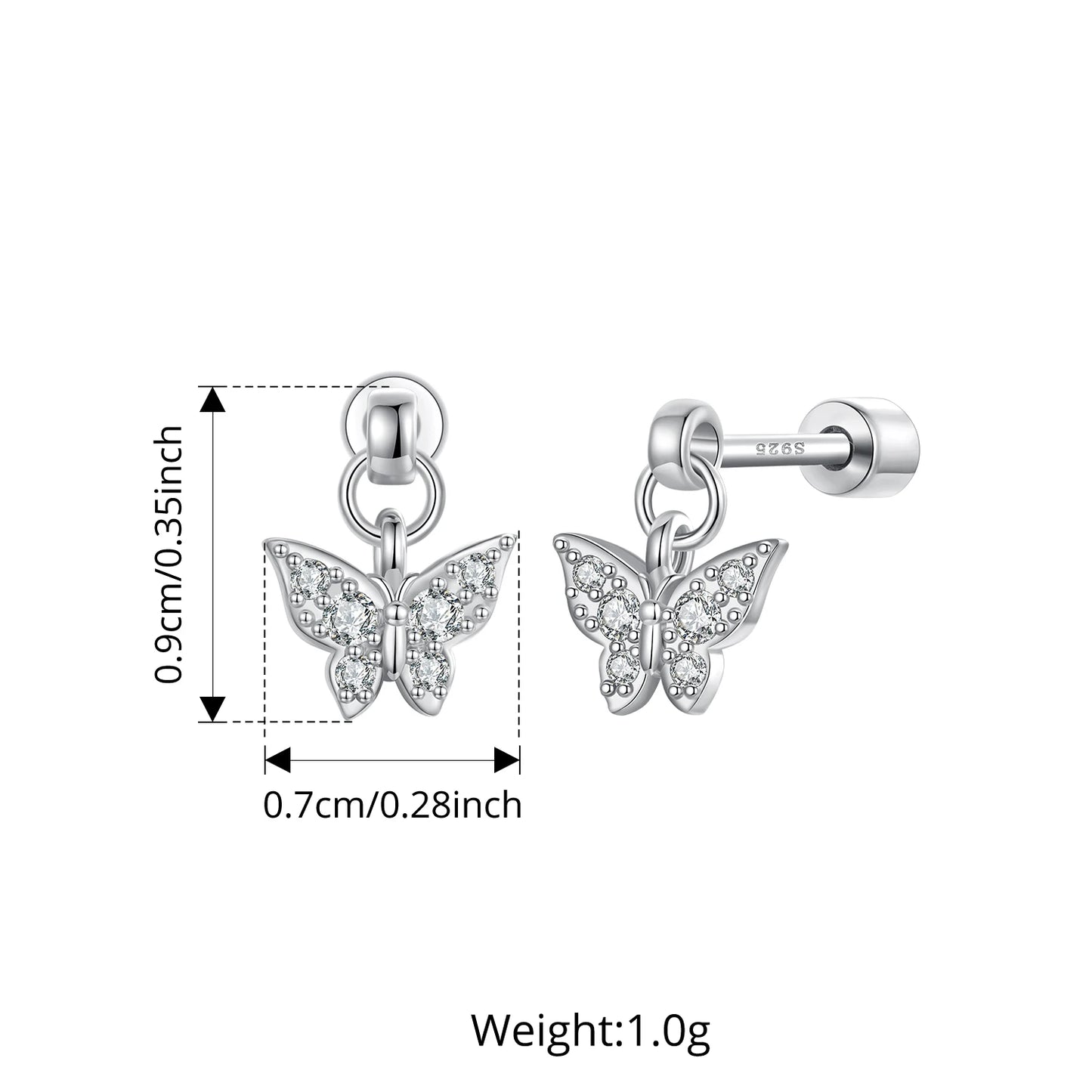 BAMOER 925 Sterling Silver Butterfly Screw-Back Stud Earrings Full Zircons Mini Cross Heart Earrings Hypoallergenic for Women