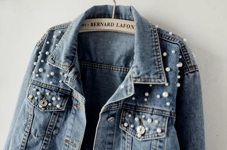 Hemasa Denim Coat Women Cotton Cardigan Jeans Pearl Punk Gothic Bomber Jacket