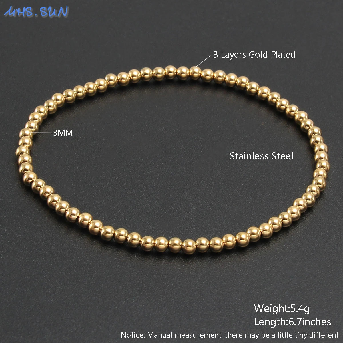 MHS.SUN Fashion Waterproof Smooth Stainless Steel Bracelets 2-10mm Elastic Beaded Gold Plated Stackable Bracelet Women Jewelry