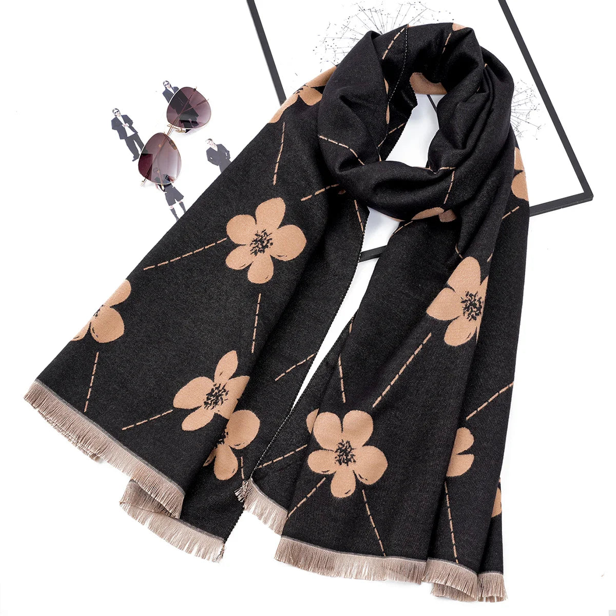 Hot selling imitation cashmere face dual color flower jacquard pashmina long style soft and warm casual short beard scarf shawl