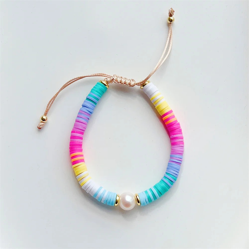 Hemasa Rainbow Heishi Disc Bracelet Natural Pearl Bracelets for Girl Women
