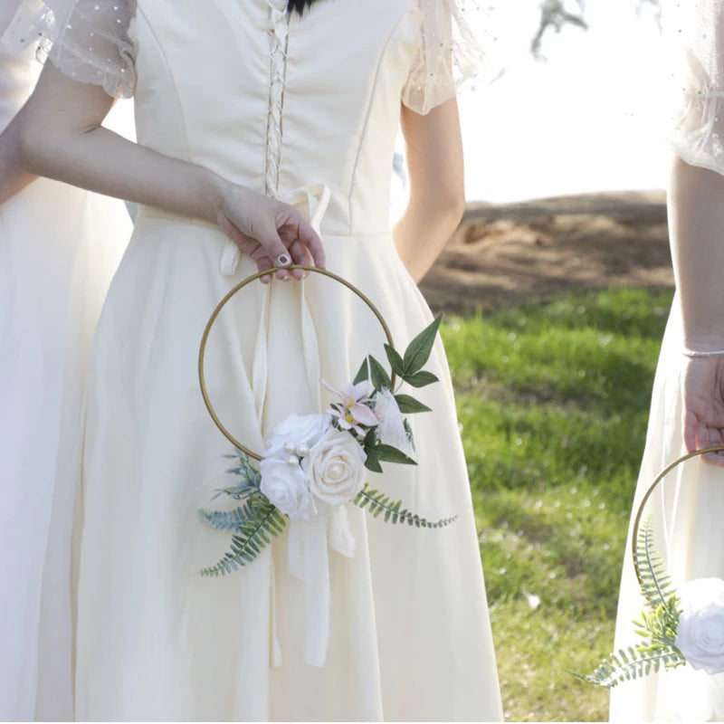 YeeNanee Wedding Gold Hoop Bouquet for Bridesmaids Floral Rose Eucalytpus Metal Ring Wreath Bridal Shower Ceremony Decoration