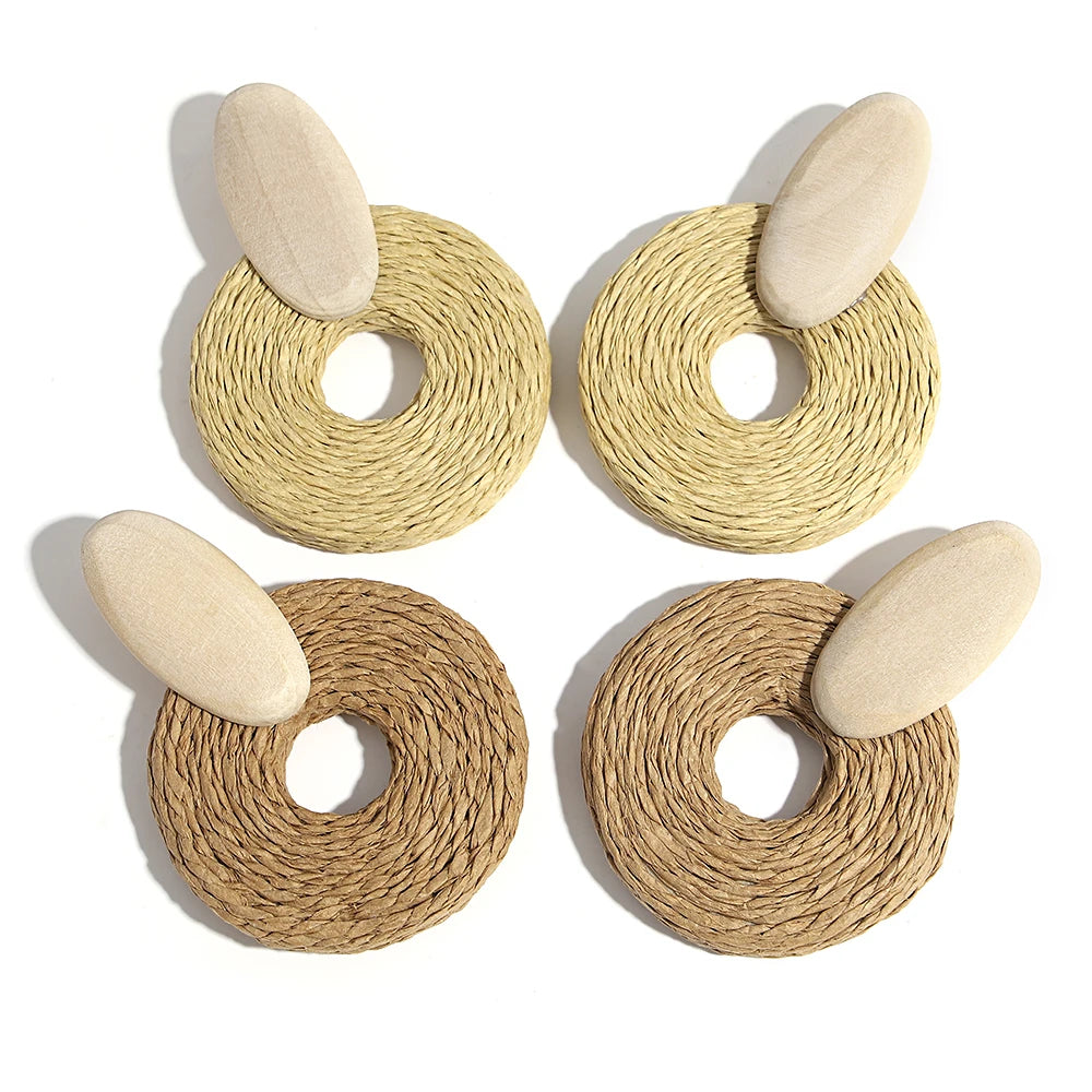 Lifefontier Ethnic Wooden Rattan Knit Round Drop Earrings For Women Handmade Beach Earring Pendant Jewelry Wholesale Gifts 2023