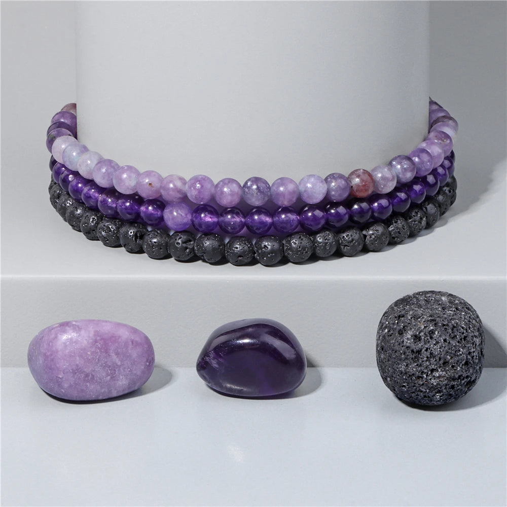 3pcs/set 4mm Beaded Bracelet with Raw Stone Natural Aventurine Amethysts Rose Quartz Beads Bracelets Women Men Energy Jewelry