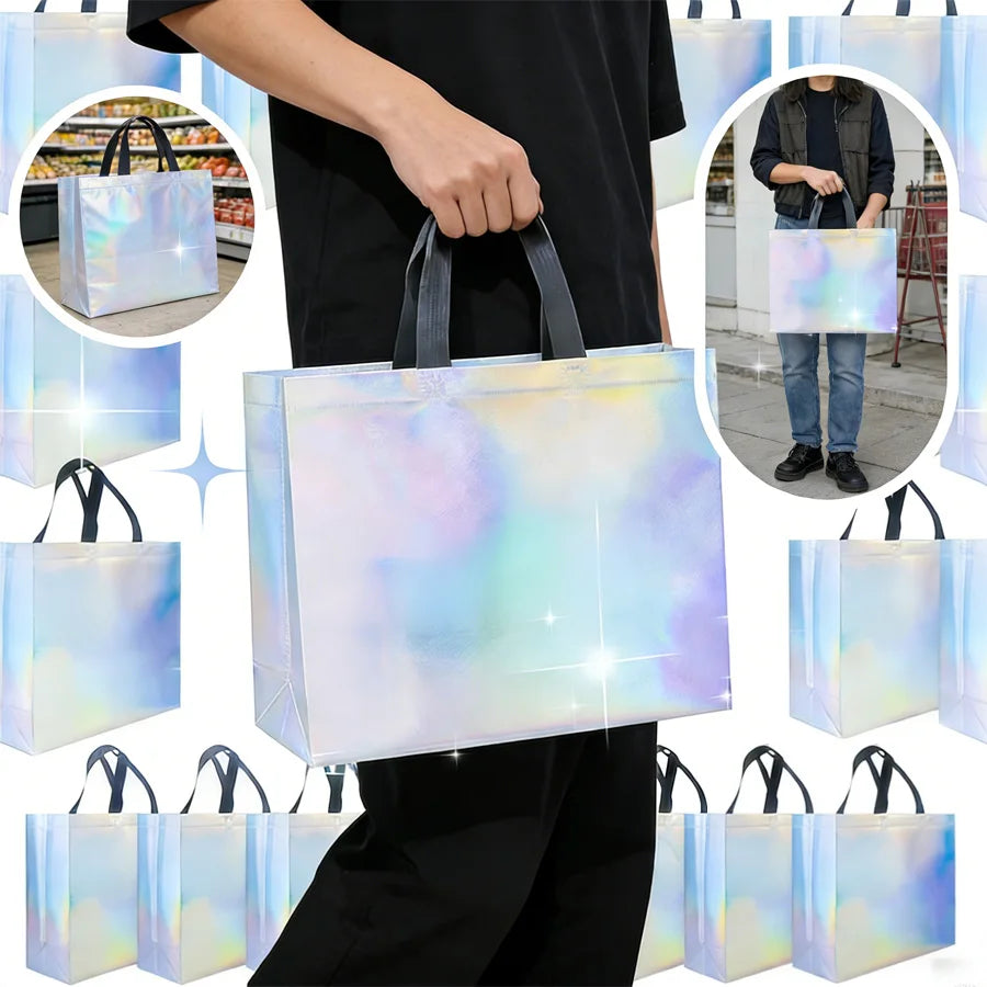 Glossy Rainbow Gift Bag 6/12Pack, 12.6x4x10.6 Inch Reusable with Handles & Base for Birthday Wedding Christmas Party