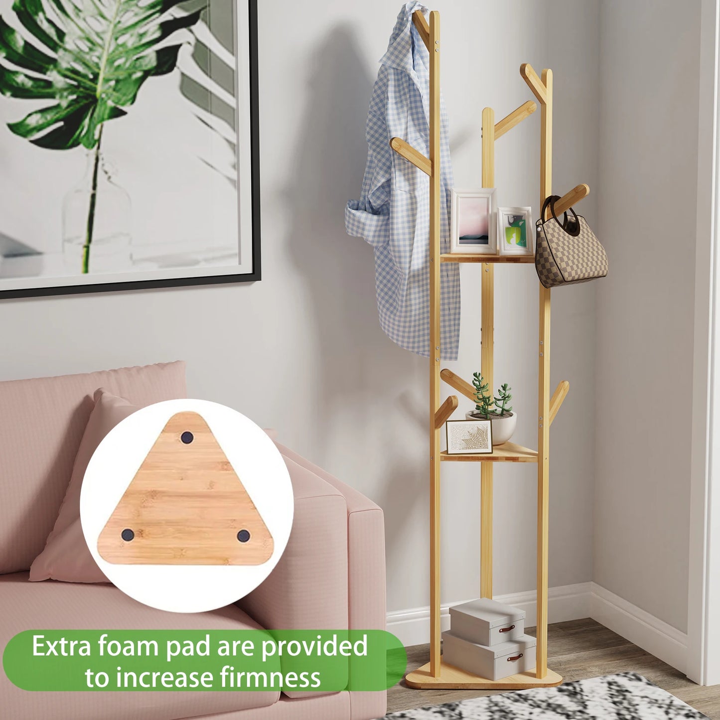 Floor Tree Clothes Coat Hanger Rack Garment Storage Stand with 10 Hanging Hooks and Shelf