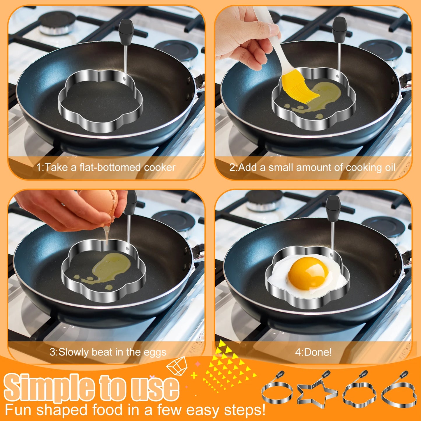 Tejesa 4/1pc Egg Fryer Mold Egg Ring Cooker Pancake Mold for Frying Egg Cookies Cake Pastry Donut Bake Mold Non-Stick Egg Forming Mold