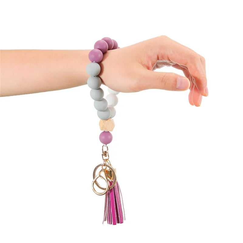 Hemasa  Silicone Beads with  Tassel Keychain Lobster Clasp  Pendant Keyring  /Bracelet  For Women