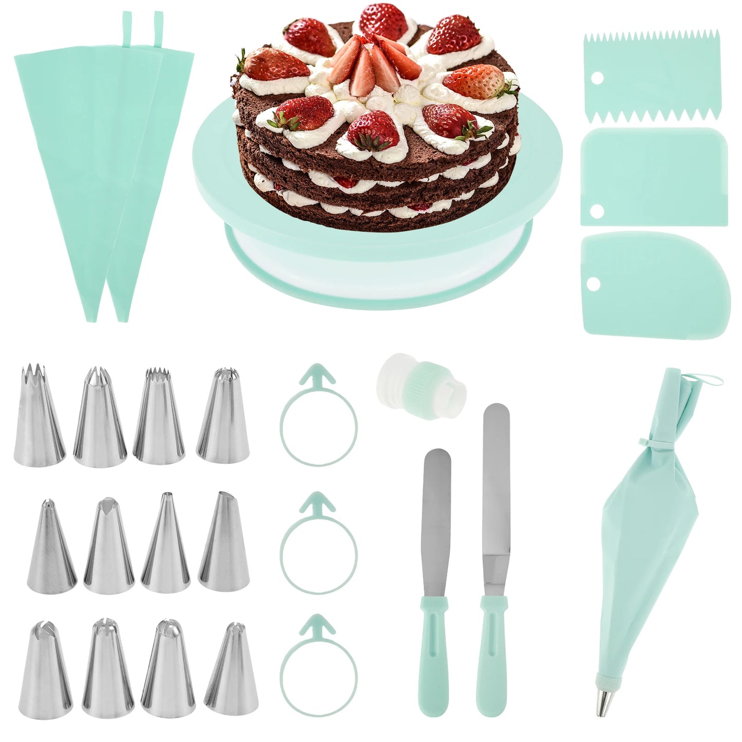 Tejesa 74/6 pc Cake Turntable and Piping Bag Cake Making Supplies Icing Piping Cream Pastry Bag with Nozzle Kitchen Acce Cake Bake Tool