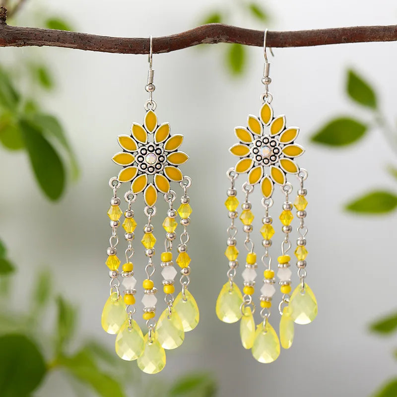 Hemasa Flower Drop Dangle Earrings For Women Enamel Crytal Geometric Jewelry Beads Handmade Tassel Earings