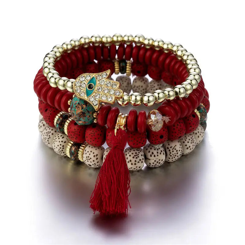 Hemasa  Evil Eye Tassel Bracelet Set For Women  / Stone Beads Chain Bangle Female Bohemian Jewelry Gift