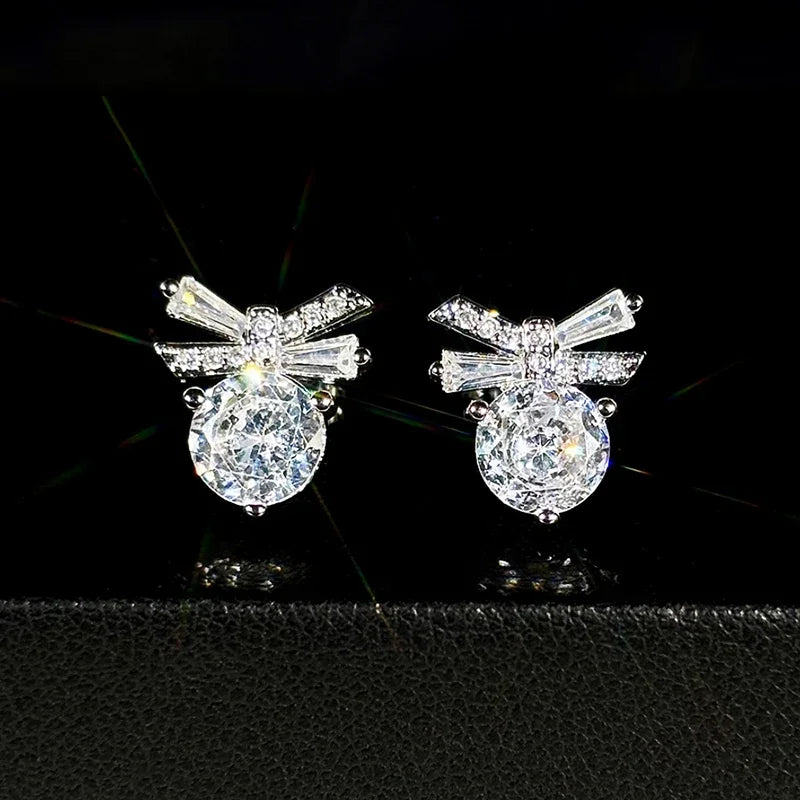 Huitan Chic Shining Zirconia Stud Earrings for Women Delicate Bowknot Accessories for Engagement Graceful Lady Daily Jewelry