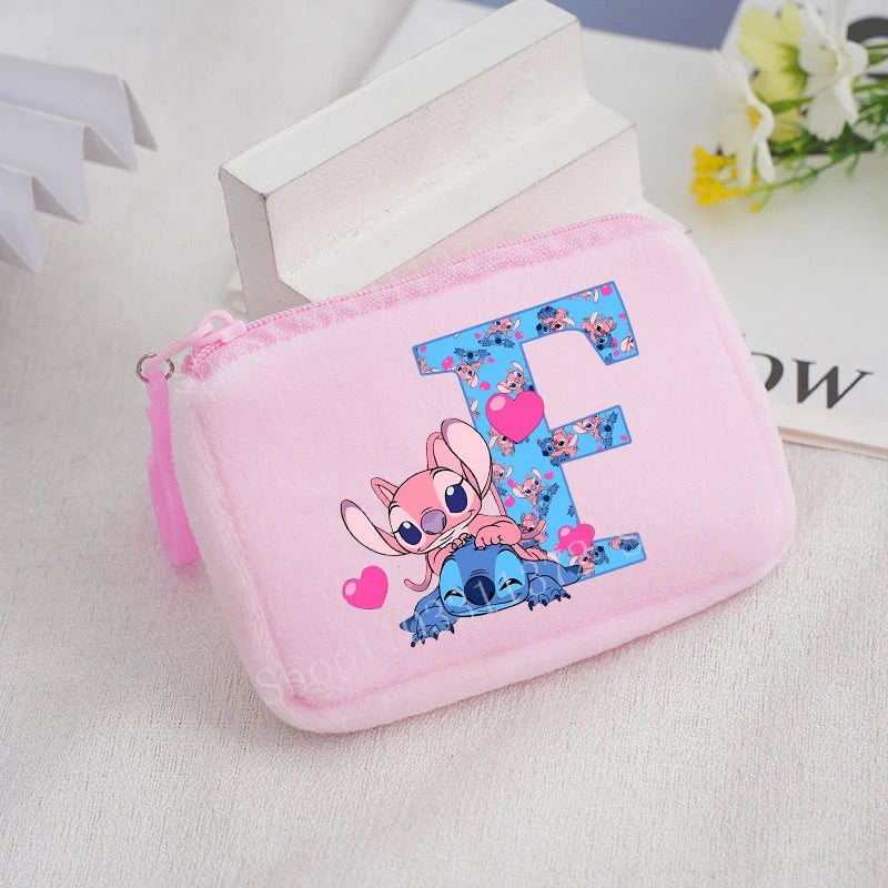 Disney Stitch Plush Coin Purse Cute Anime Cartoon A-Z Letter Stich Printed Wallet Kawaii Girls Earphone Storage Zipper Bag Gifts