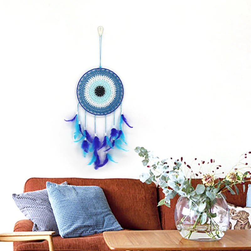 Hemasa Dream Catcher Blue Feather Wind Chime Handmade Girls Room Bedroom Wall Hanging Pendant Ornaments Birthday Gift Home Decoration