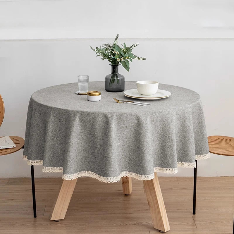 Tejesa Round Solid Color Faux Linen Tablecloth with Lace Trim-Waterproof/Spill Proof/Stain Resistant/Oil Proof-for Banquet,Parties