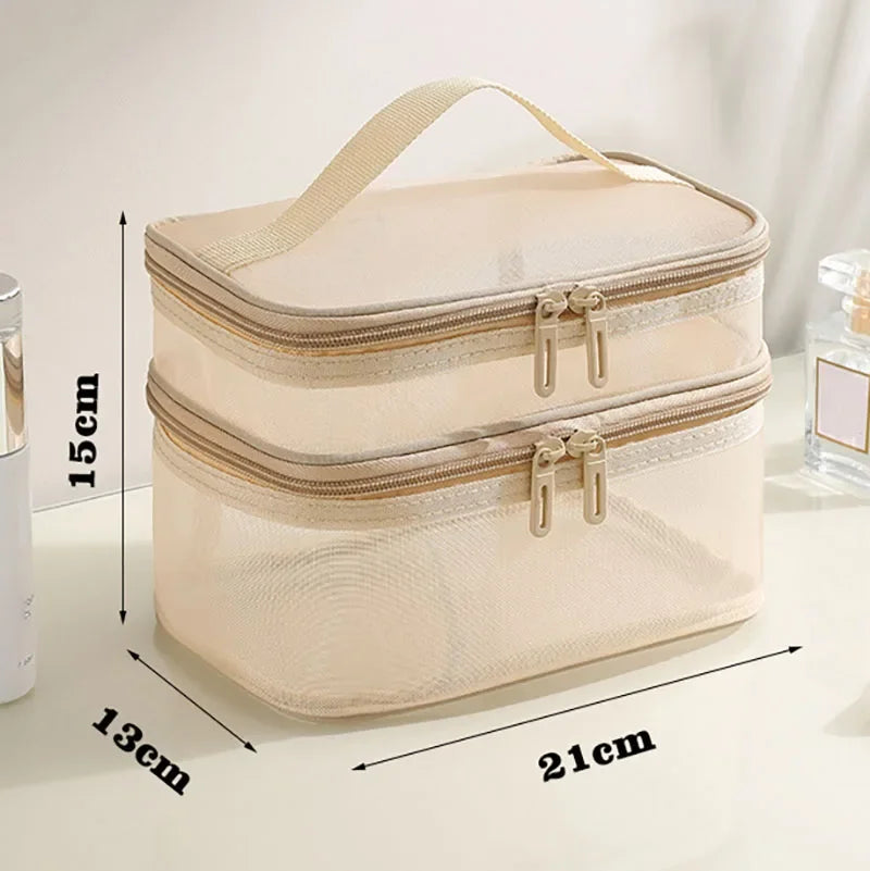 Hemasa Double Layer Mesh Cosmetic Bag  for Women/ Portable Make Up Case Big Capacity Travel Zipper Makeup Organizer Toiletry Storage Box
